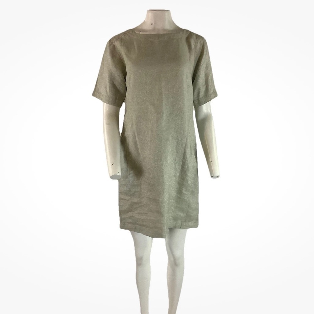 NWT Eileen Fisher Sz XS Linen Shift Cocktail Beach Dress Beige Gold Thread